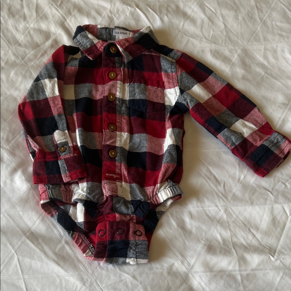 Wrangler Western Long Sleeve Red and Black Plaid Flannel Shirt 100% Cotton 12M